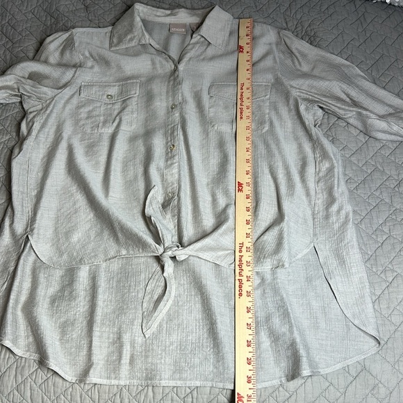 Chico's Tan Effortless Linen Like Tie Front Button Front Shirt Sz 3 - Picture 9 of 10